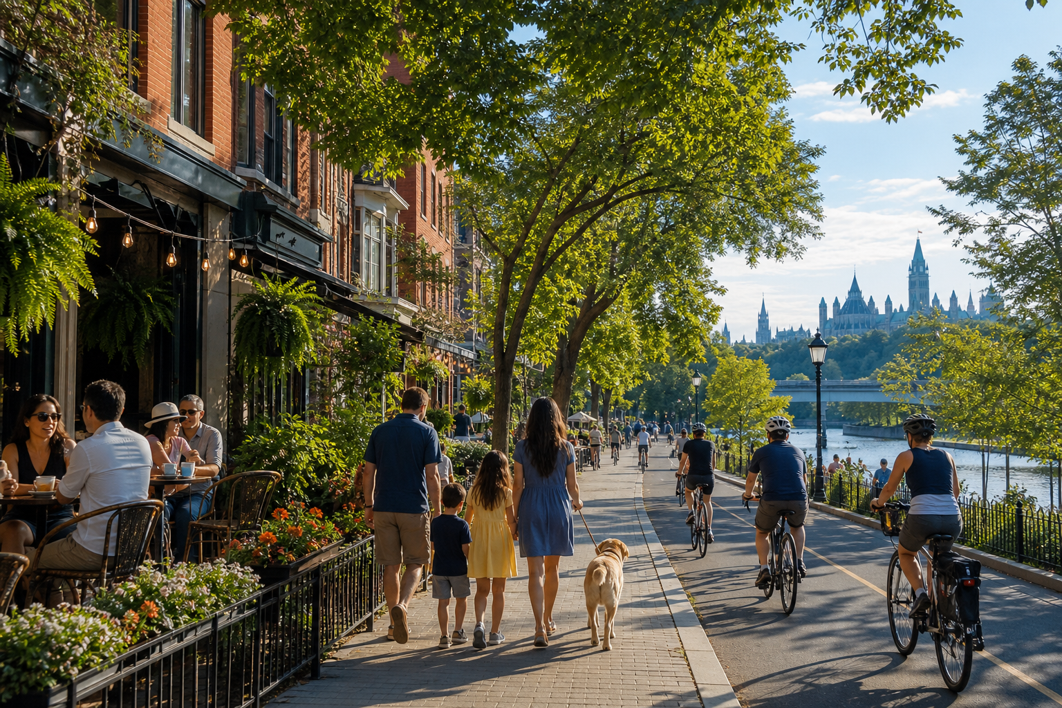 An Ottawa-inspired summer neighbourhood with a café patio, cyclists, families and a dog near the water