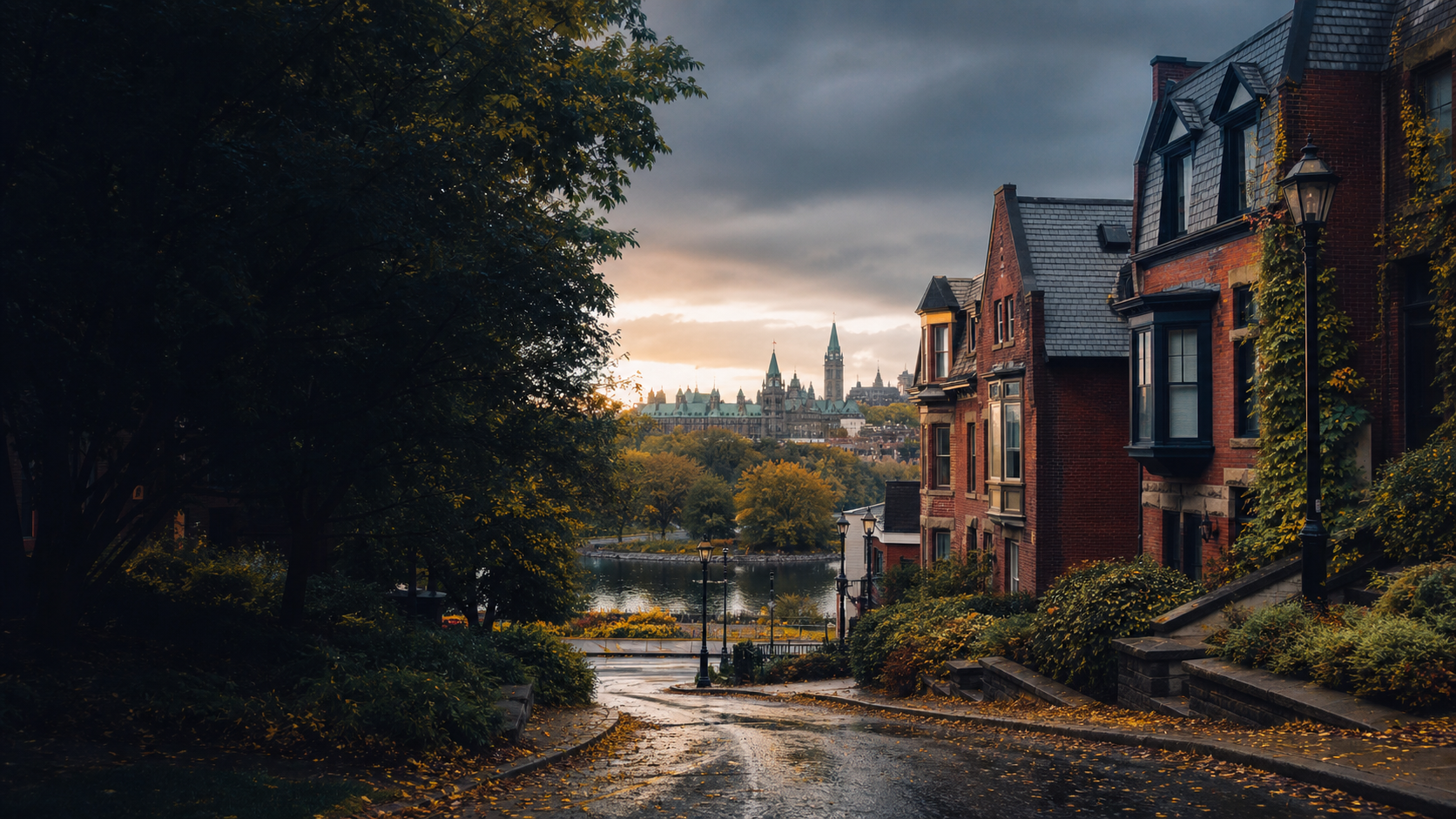 An Ottawa-inspired residential streetscape overlooking the water and Parliament Hill
